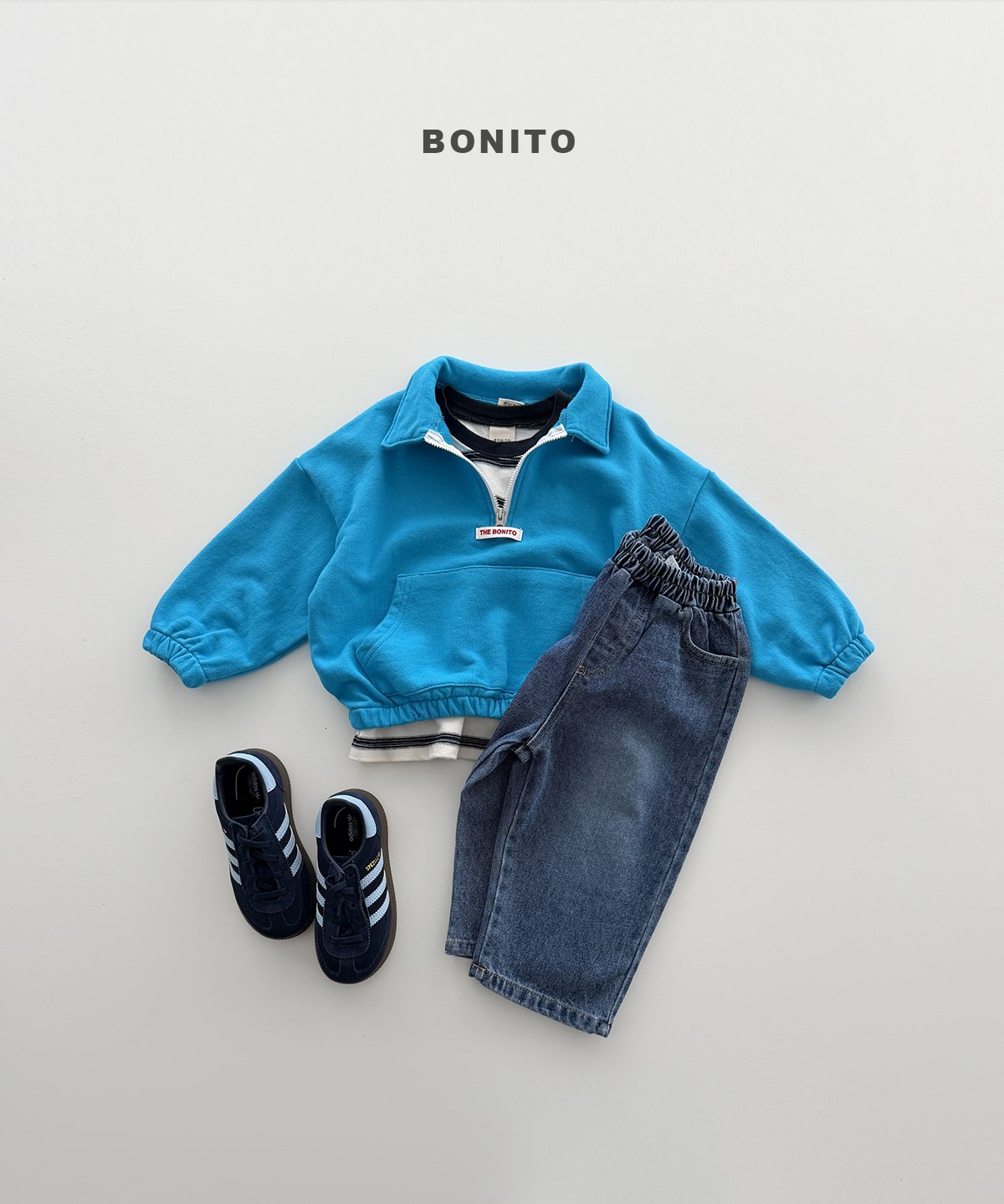 Brush Denim Pants×Collar Half-zip Pullover×Track Stripe Shirred Tee