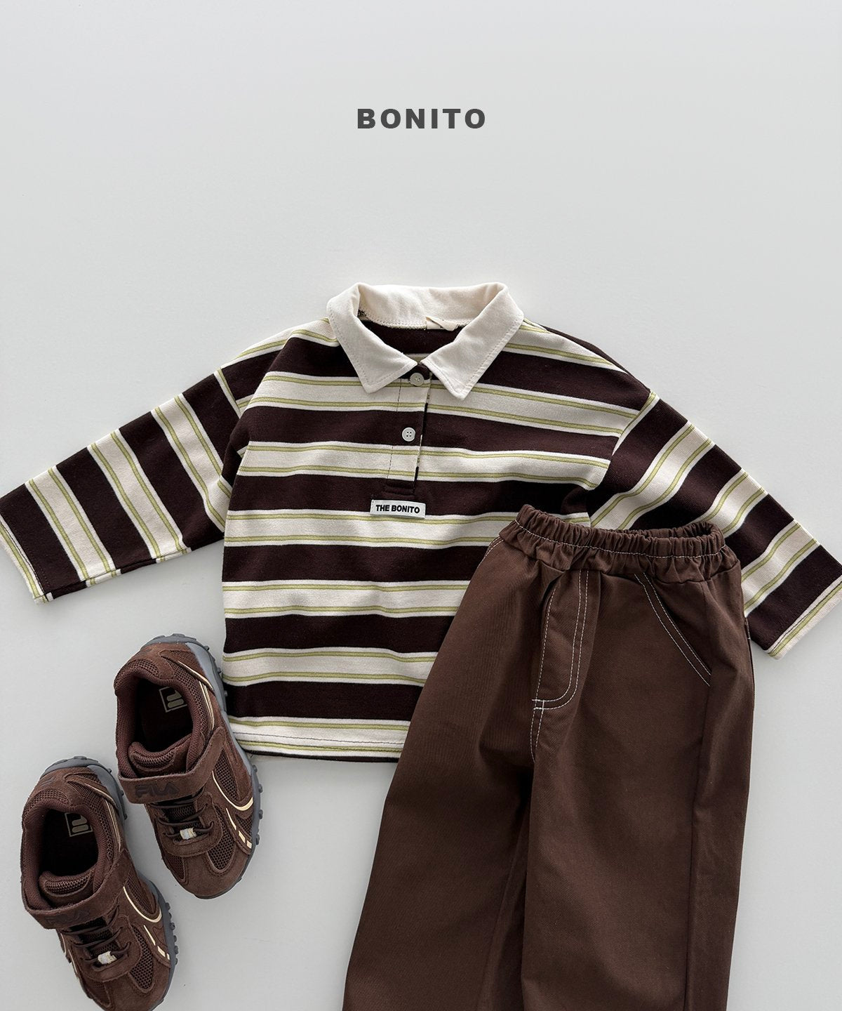 Stripe Collar Tee×Stitch Cotton Pants